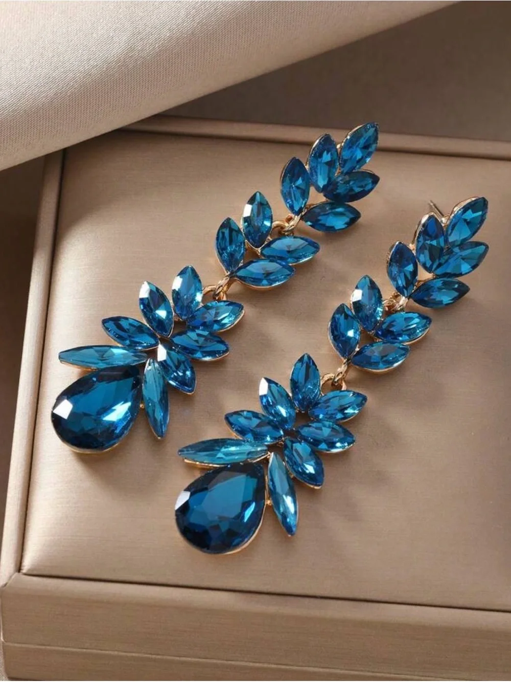 Blue Crystal Drop Leaf Earrings - Elegant Women's Jewelry